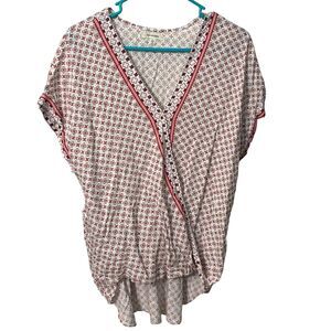 Max Studio Surplus Faux Wrap V Neck Top Size L Boho Pink Red